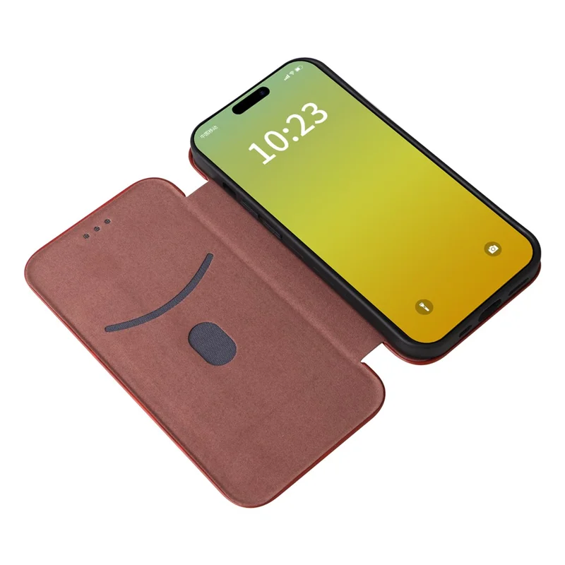 Card Holder Phone Stand Case for iPhone 15 Plus , Carbon Fiber Texture PU Leather Cover - Brown