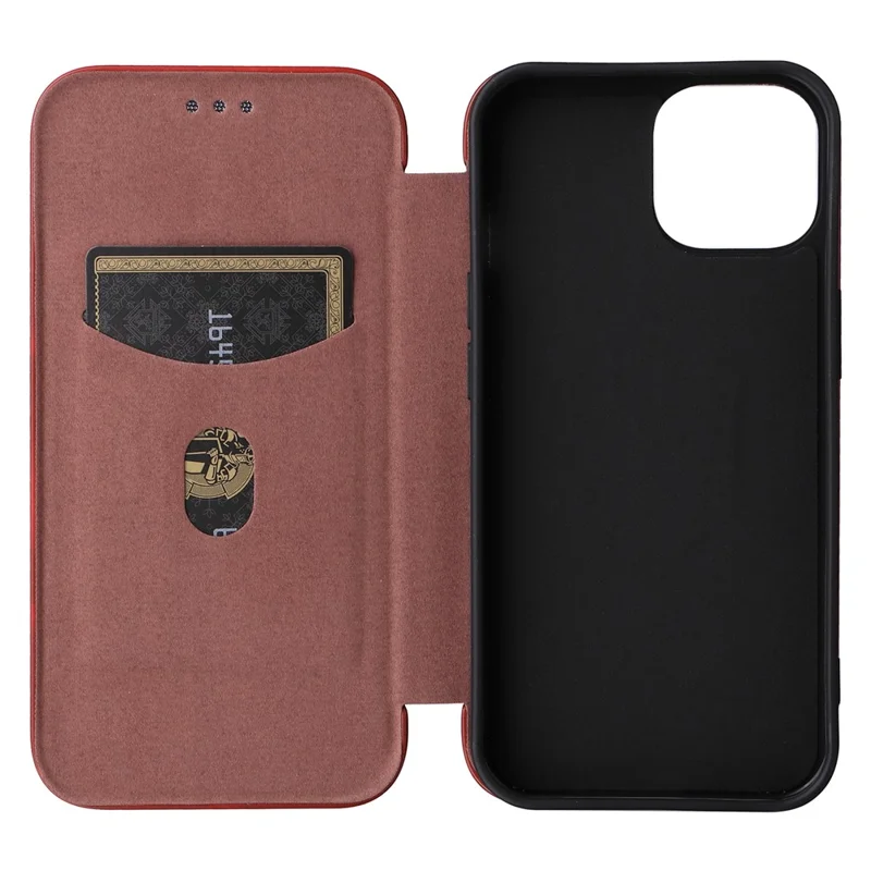 Card Holder Phone Stand Case for iPhone 15 Plus , Carbon Fiber Texture PU Leather Cover - Brown