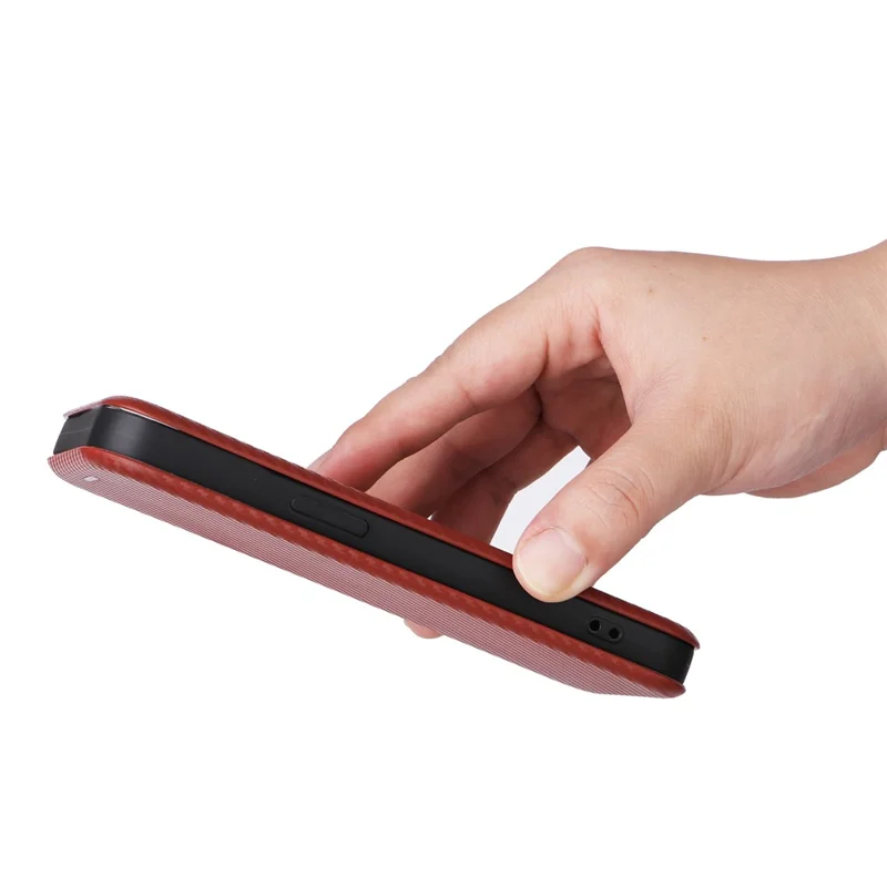 Card Holder Phone Stand Case for iPhone 15 Plus , Carbon Fiber Texture PU Leather Cover - Brown