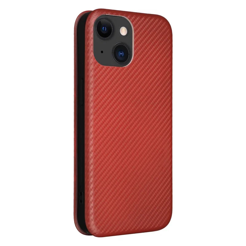 Card Holder Phone Stand Case for iPhone 15 Plus , Carbon Fiber Texture PU Leather Cover - Brown