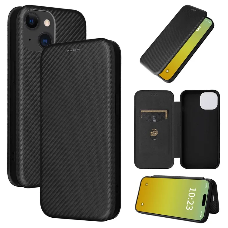 Card Holder Leather Phone Case for iPhone 15 , Carbon Fiber Texture Stand Phone Cover - Black