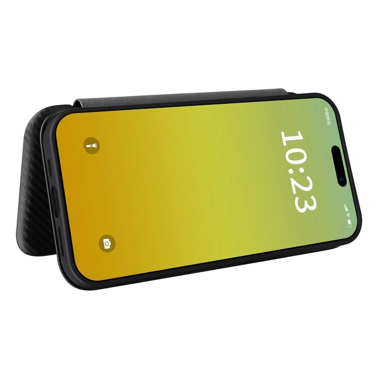 Card Holder Leather Phone Case for iPhone 15 , Carbon Fiber Texture Stand Phone Cover - Black