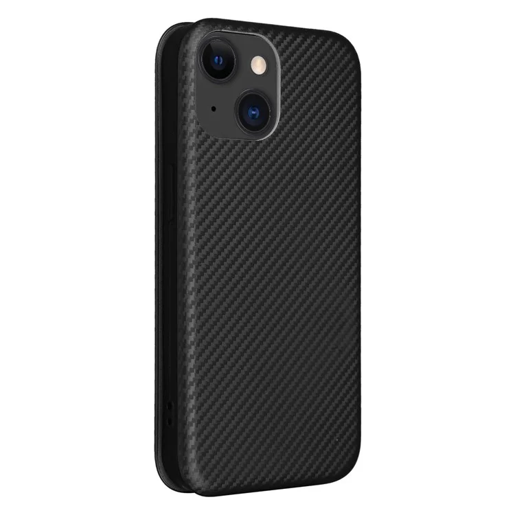 Card Holder Leather Phone Case for iPhone 15 , Carbon Fiber Texture Stand Phone Cover - Black