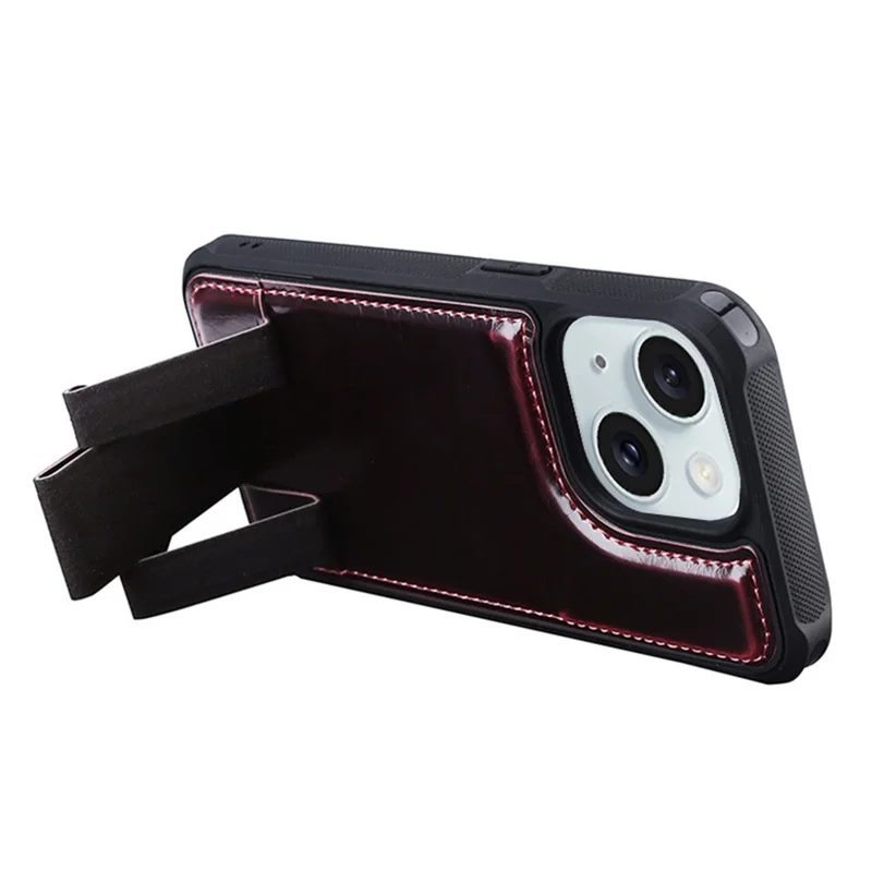 Для iPhone 15 Plus Crazy Horse Texture PU Leather Coated TPU Case Kickstand Card Holder Phone Cover - Wine Red