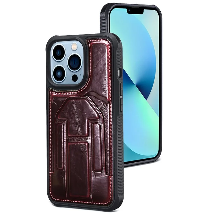 Back Case for iPhone 15 Pro , Crazy Horse Texture PU Leather Coated TPU Kickstand Phone Cover with Card Slot - Wine Red