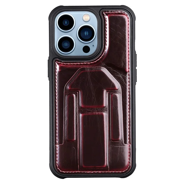 Back Case for iPhone 15 Pro , Crazy Horse Texture PU Leather Coated TPU Kickstand Phone Cover with Card Slot - Wine Red