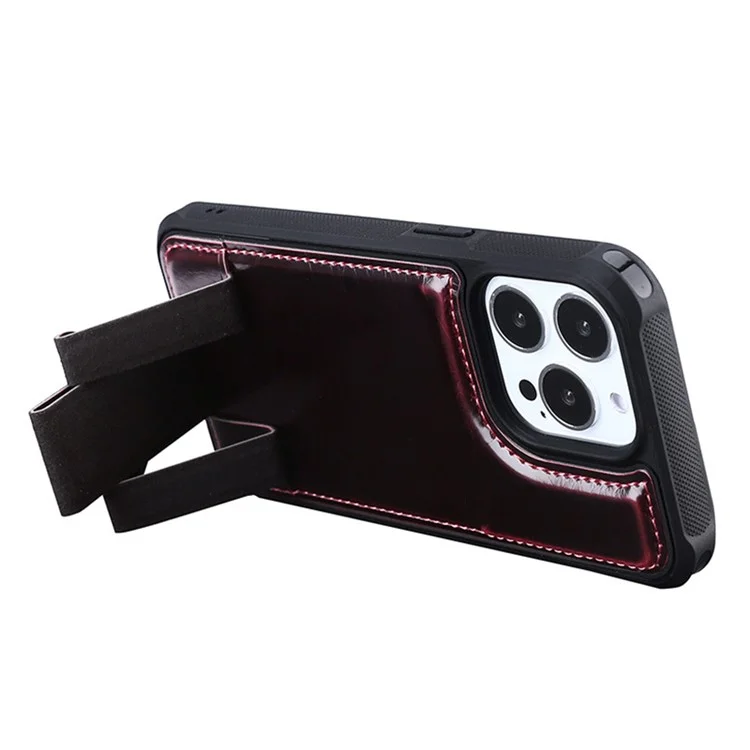 Back Case for iPhone 15 Pro , Crazy Horse Texture PU Leather Coated TPU Kickstand Phone Cover with Card Slot - Wine Red