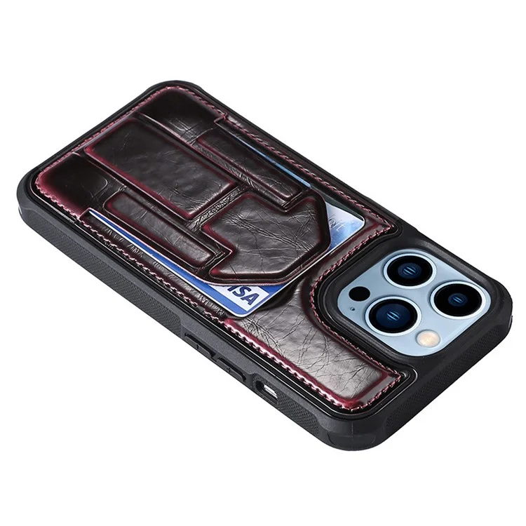 Back Case for iPhone 15 Pro , Crazy Horse Texture PU Leather Coated TPU Kickstand Phone Cover with Card Slot - Wine Red