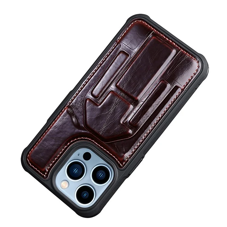 Back Case for iPhone 15 Pro , Crazy Horse Texture PU Leather Coated TPU Kickstand Phone Cover with Card Slot - Wine Red
