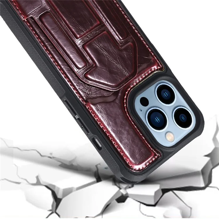 Back Case for iPhone 15 Pro , Crazy Horse Texture PU Leather Coated TPU Kickstand Phone Cover with Card Slot - Wine Red
