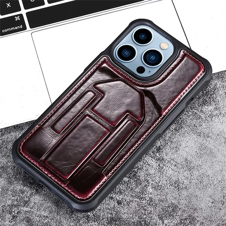 Back Case for iPhone 15 Pro , Crazy Horse Texture PU Leather Coated TPU Kickstand Phone Cover with Card Slot - Wine Red