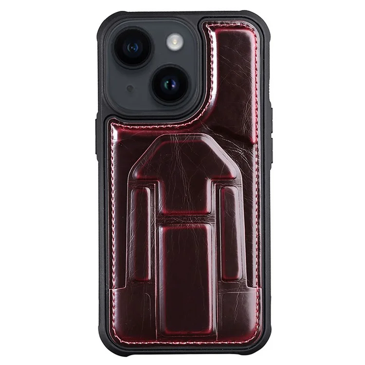 Para iPhone 15 Kickstand Phone Cover Crazy Horse Texture PU Leather Coated TPU Case with Card Slot - Vinho Tinto