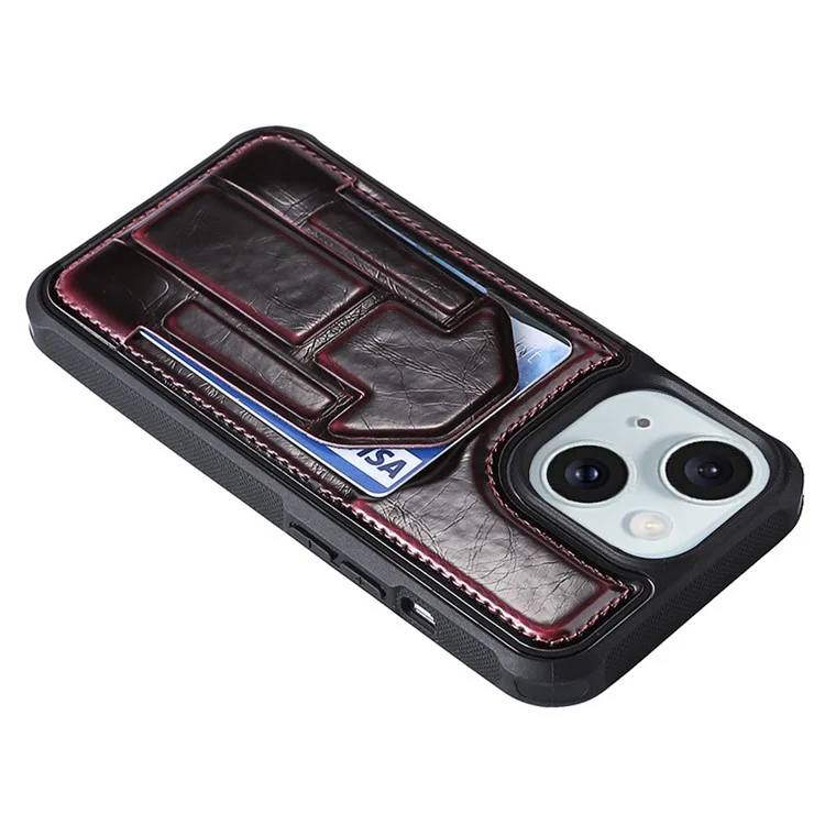 Para iPhone 15 Kickstand Phone Cover Crazy Horse Texture PU Leather Coated TPU Case with Card Slot - Vinho Tinto