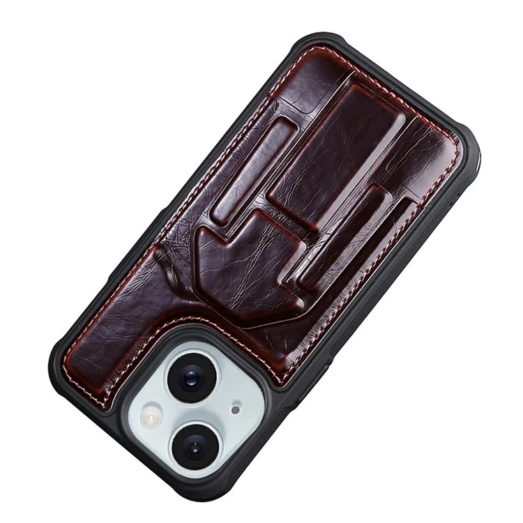 Para iPhone 15 Kickstand Phone Cover Crazy Horse Texture PU Leather Coated TPU Case with Card Slot - Vinho Tinto