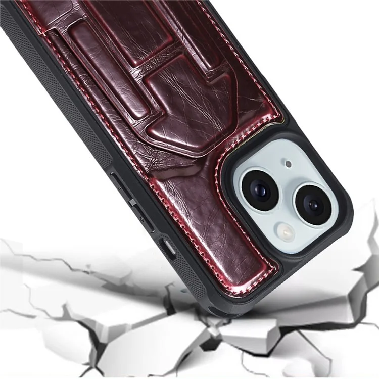 Para iPhone 15 Kickstand Phone Cover Crazy Horse Texture PU Leather Coated TPU Case with Card Slot - Vinho Tinto