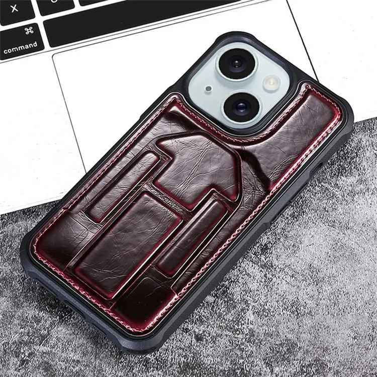 Para iPhone 15 Kickstand Phone Cover Crazy Horse Texture PU Leather Coated TPU Case with Card Slot - Vinho Tinto