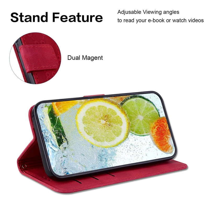For Nokia C32 Wallet Stand Shell Double 8-Shape Imprint PU Leather + TPU Phone Cover - Red