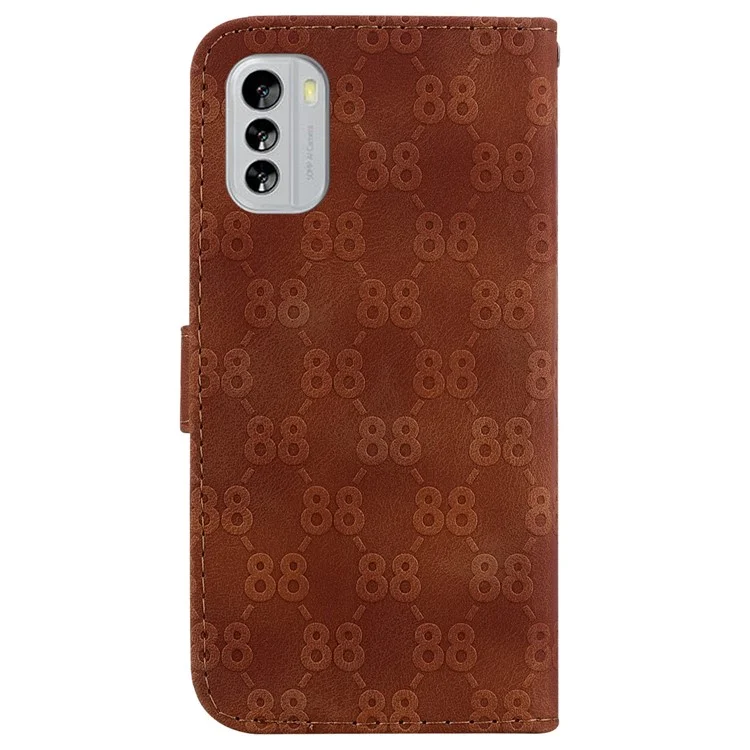 Stand Shell for Nokia G60 5G Mobile Phone Shockproof Double 8-Shape Imprint Leather Case Wallet Cover - Brown