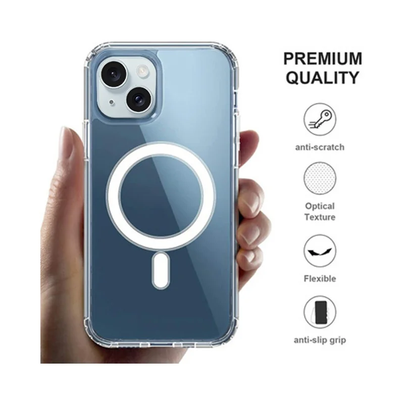 Funda trasera a prueba de golpes compatible con MagSafe para iPhone 15 Plus, funda de teléfono de TPU transparente