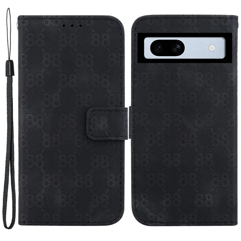 Double 8-Shape Imprint Phone Case for Google Pixel 7a PU Leather Wallet Stand Protective Cover - Black