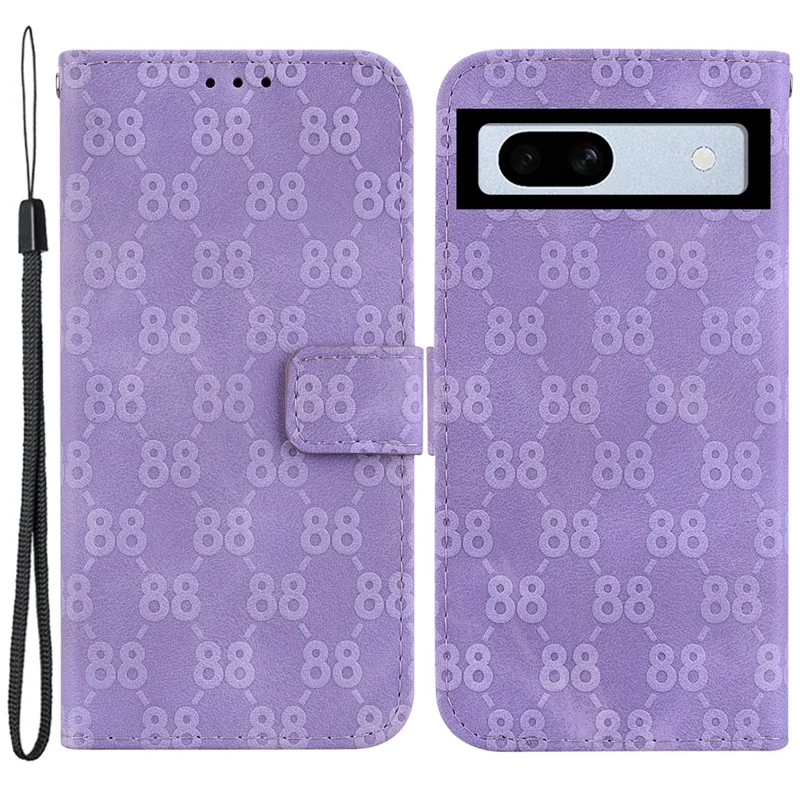 Double 8-Shape Imprint Phone Case for Google Pixel 7a PU Leather Wallet Stand Protective Cover - Purple