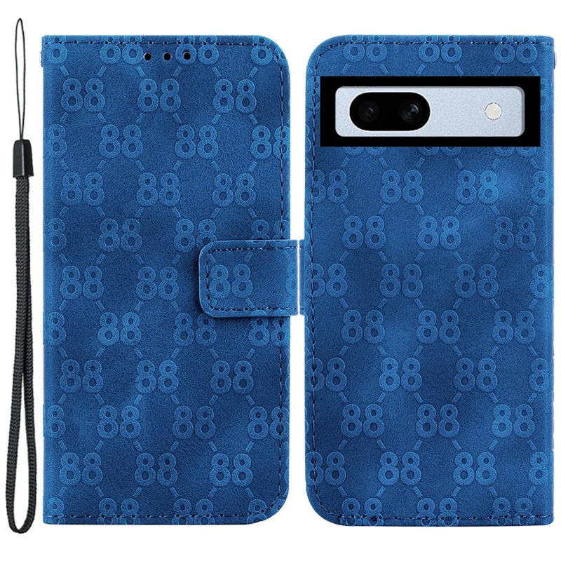 Double 8-Shape Imprint Phone Case for Google Pixel 7a PU Leather Wallet Stand Protective Cover - Dark Blue