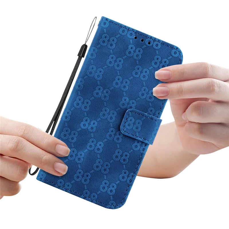 Double 8-Shape Imprint Phone Case for Google Pixel 7a PU Leather Wallet Stand Protective Cover - Dark Blue
