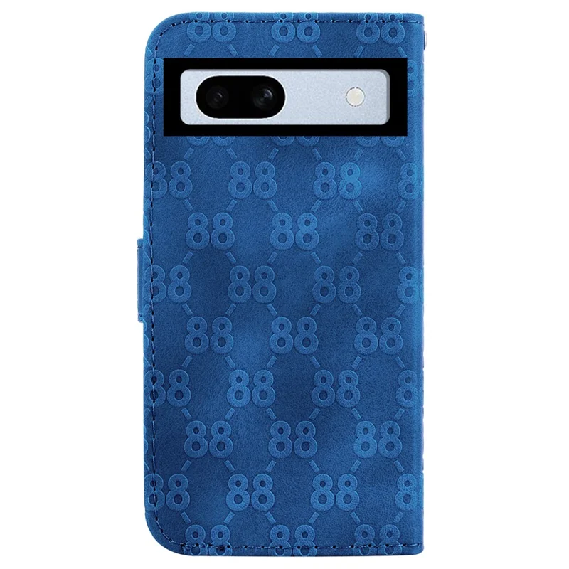 Double 8-Shape Imprint Phone Case for Google Pixel 7a PU Leather Wallet Stand Protective Cover - Dark Blue