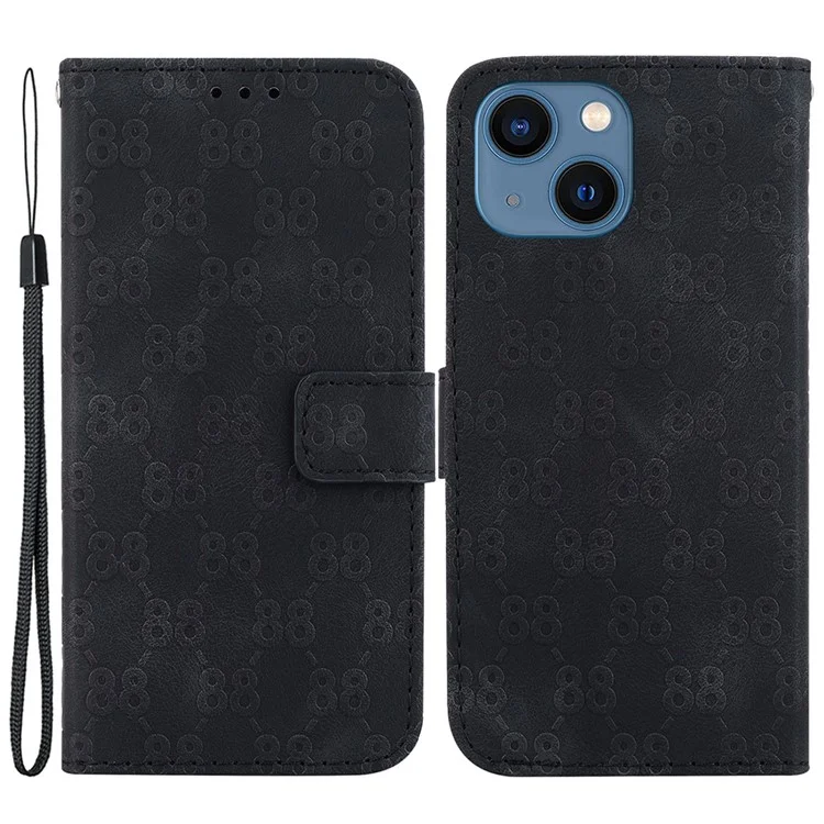 Para el iPhone 15 Doble 8-Shape Imprinted Phone Case PU Leather Stand Wallet Cover con Correa de Mano - Negro