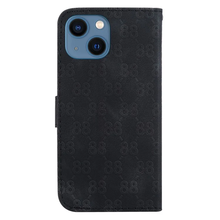 Para el iPhone 15 Doble 8-Shape Imprinted Phone Case PU Leather Stand Wallet Cover con Correa de Mano - Negro