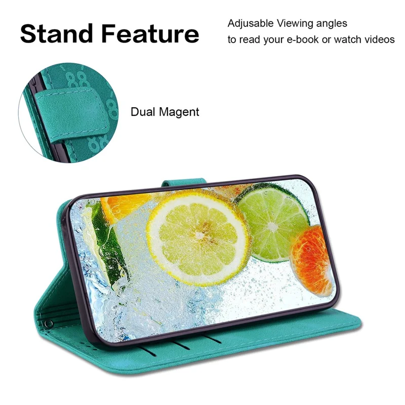 For iPhone 15 Double 8-Shape Imprinted Phone Case PU Leather Stand Wallet Cover with Hand Strap - Green