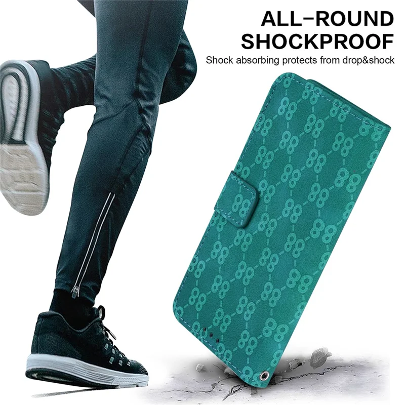 For iPhone 15 Double 8-Shape Imprinted Phone Case PU Leather Stand Wallet Cover with Hand Strap - Green