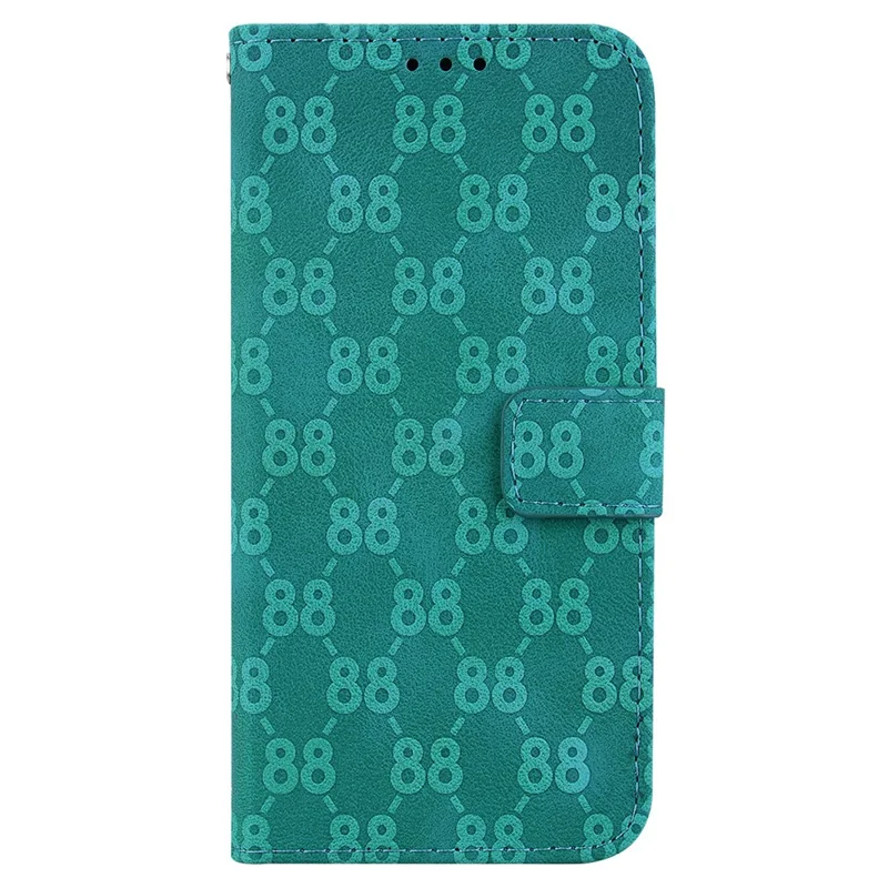 For iPhone 15 Double 8-Shape Imprinted Phone Case PU Leather Stand Wallet Cover with Hand Strap - Green