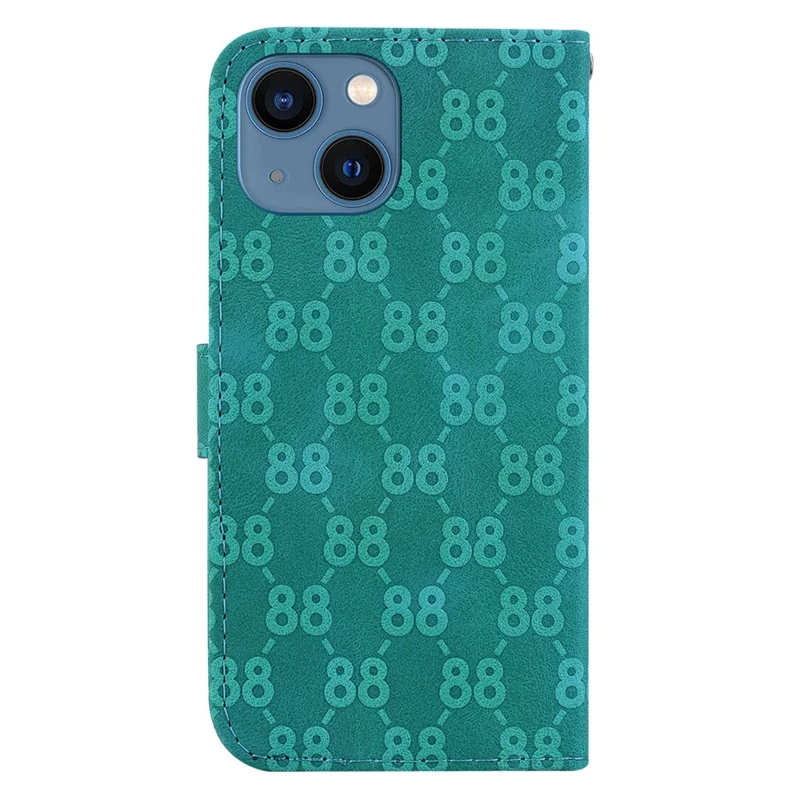 For iPhone 15 Double 8-Shape Imprinted Phone Case PU Leather Stand Wallet Cover with Hand Strap - Green