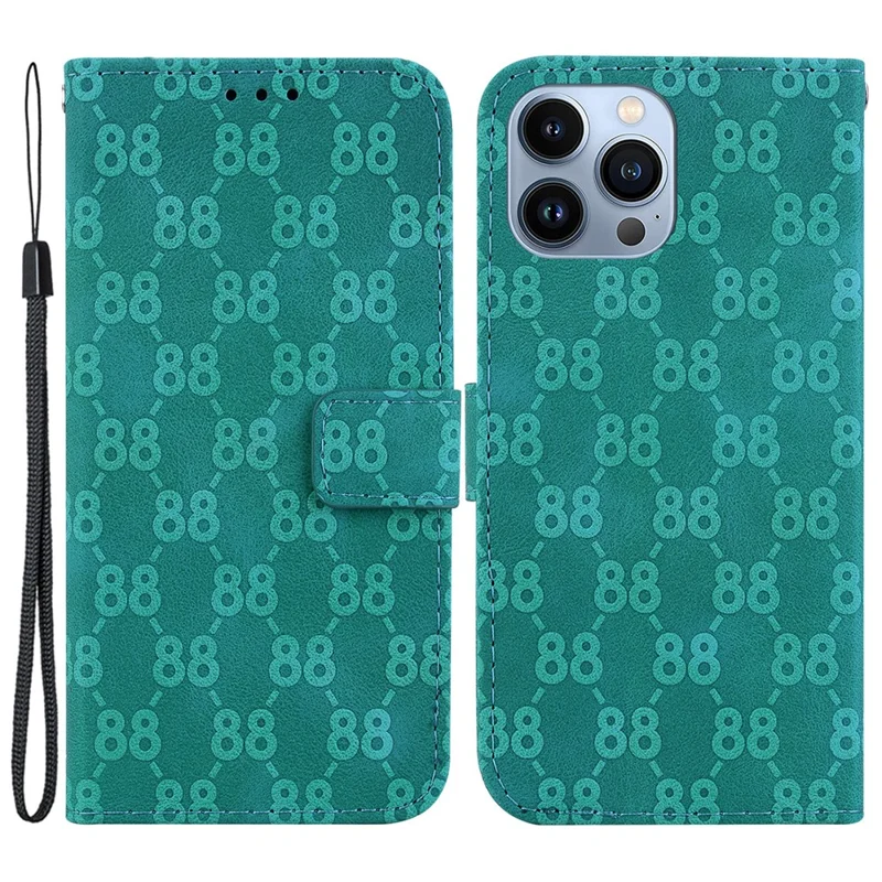 For iPhone 13 Pro Max 6.7 inch Leather Wallet Stand Phone Cover Double 8-Shape Imprinted Case - Green