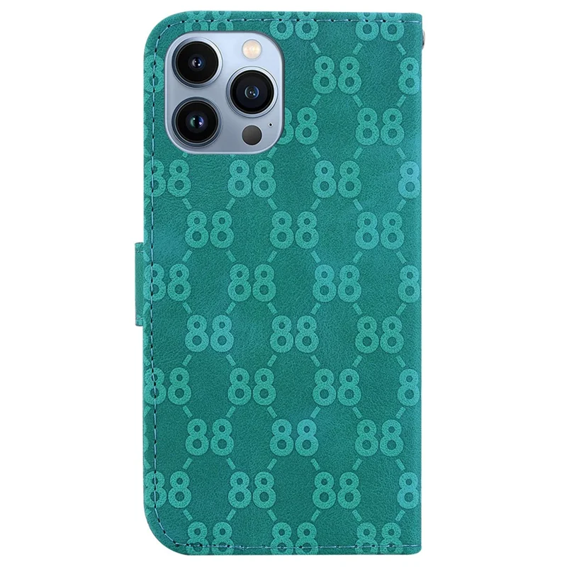 For iPhone 13 Pro Max 6.7 inch Leather Wallet Stand Phone Cover Double 8-Shape Imprinted Case - Green