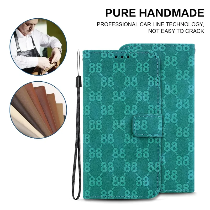 For iPhone 15 Plus Double 8-Shape Imprinted Phone Case Stand Wallet Leather Cover with Hand Strap - Green