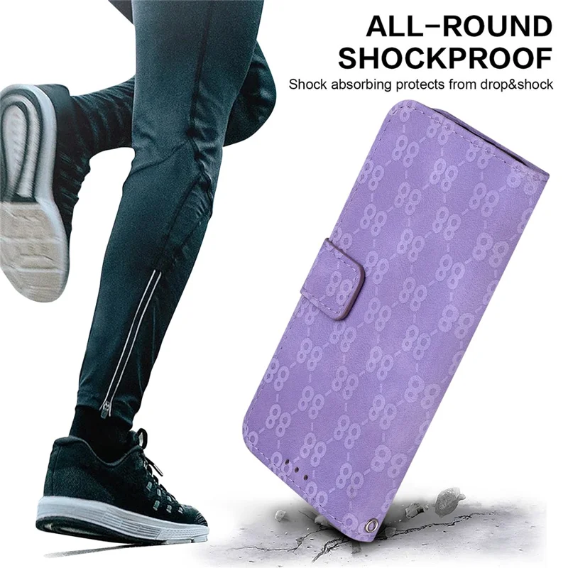 For iPhone 14 Pro Max Double 8-Shape Imprint Anti-fall Cover PU Leather Stand Wallet Phone Case - Purple
