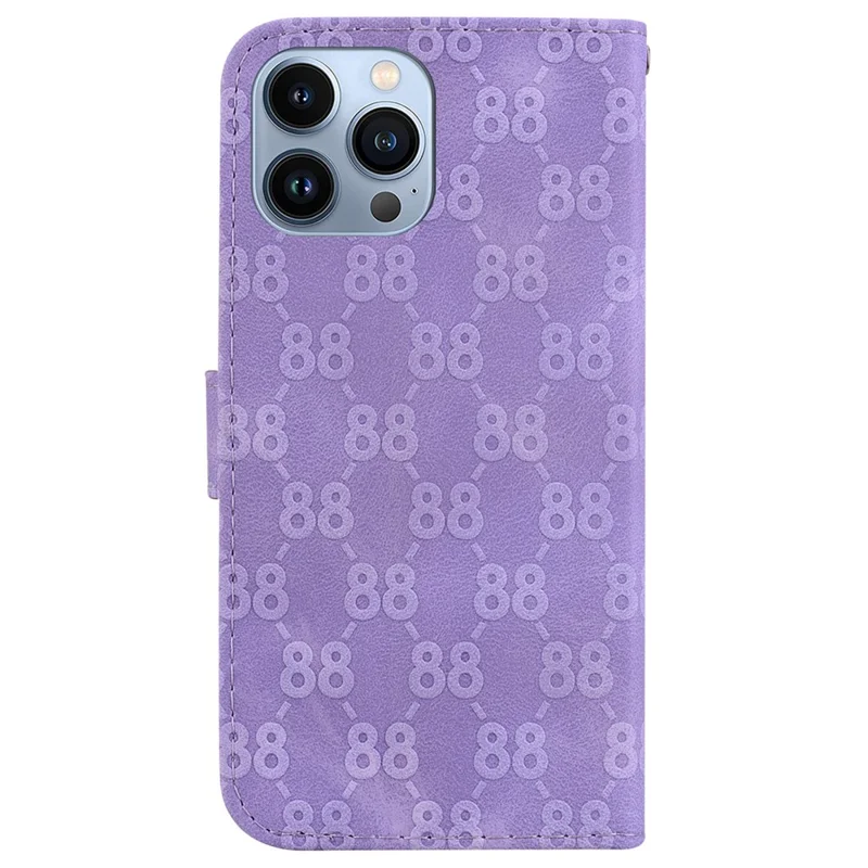 For iPhone 14 Pro Max Double 8-Shape Imprint Anti-fall Cover PU Leather Stand Wallet Phone Case - Purple