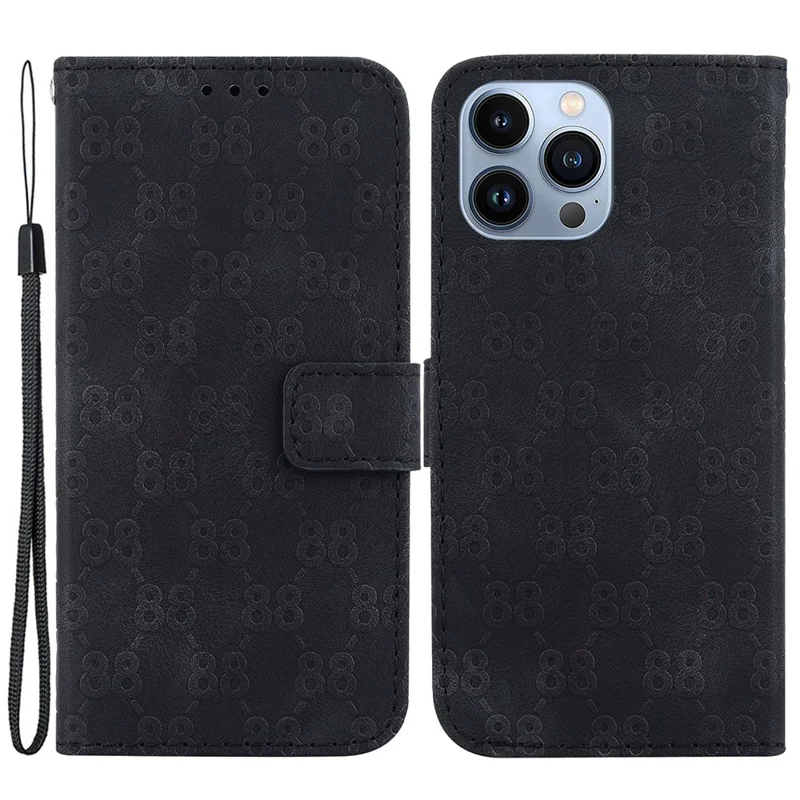 Leather Cover for iPhone 15 Pro , Double 8-Shape Imprinted Phone Case Stand Wallet with Hand Strap - Black