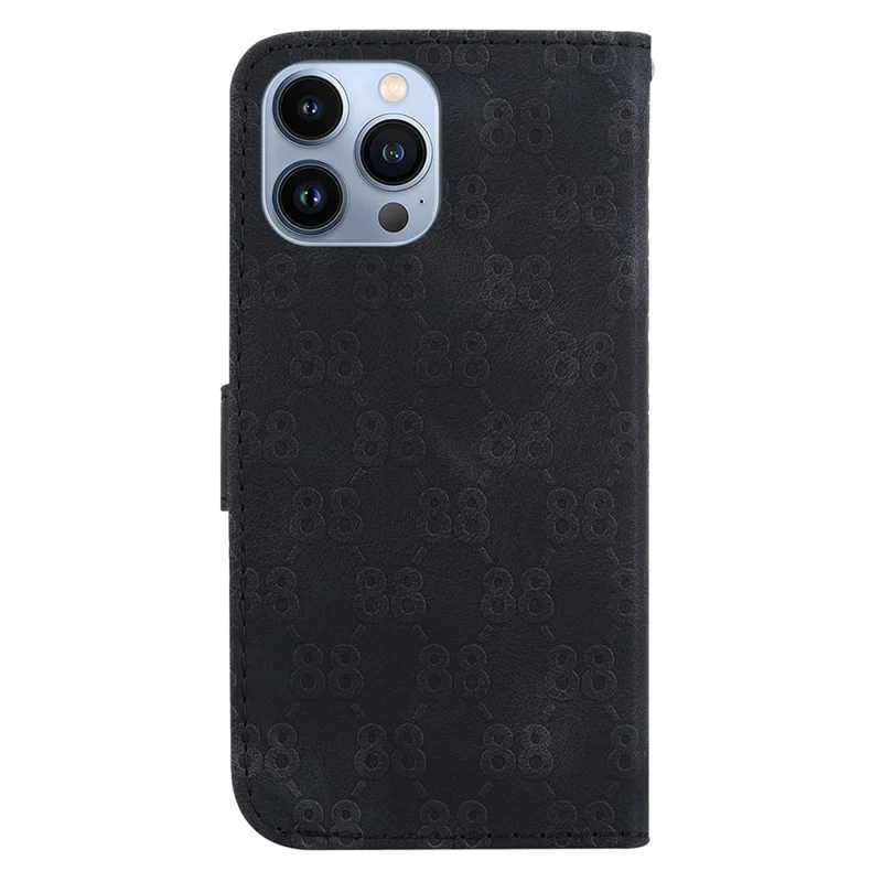Leather Cover for iPhone 15 Pro , Double 8-Shape Imprinted Phone Case Stand Wallet with Hand Strap - Black