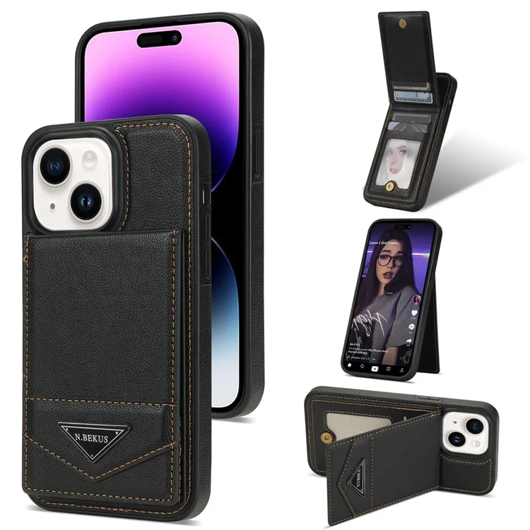 N.BEKUS Para iPhone 15 Funda de Cuero PU + TPU con Soporte Vertical Tarjetero RFID Bloqueo Funda Protectora - Negro