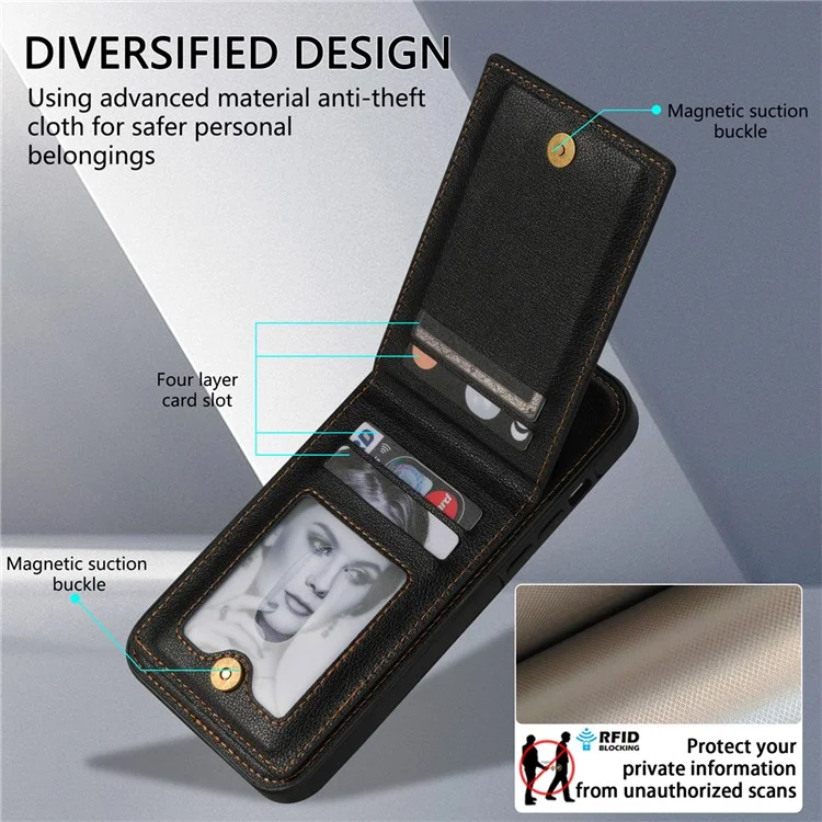 N.BEKUS Para iPhone 15 Funda de Cuero PU + TPU con Soporte Vertical Tarjetero RFID Bloqueo Funda Protectora - Negro