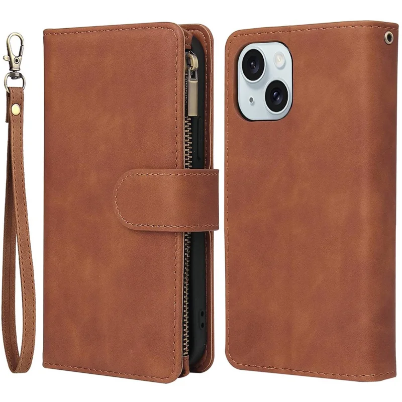 For iPhone 15 Multiple Card Slots Zipper Pocket Phone Wallet Stand Case Folio Flip PU Leather Cover - Brown