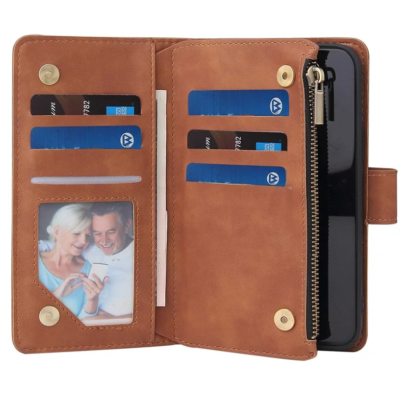 For iPhone 15 Multiple Card Slots Zipper Pocket Phone Wallet Stand Case Folio Flip PU Leather Cover - Brown