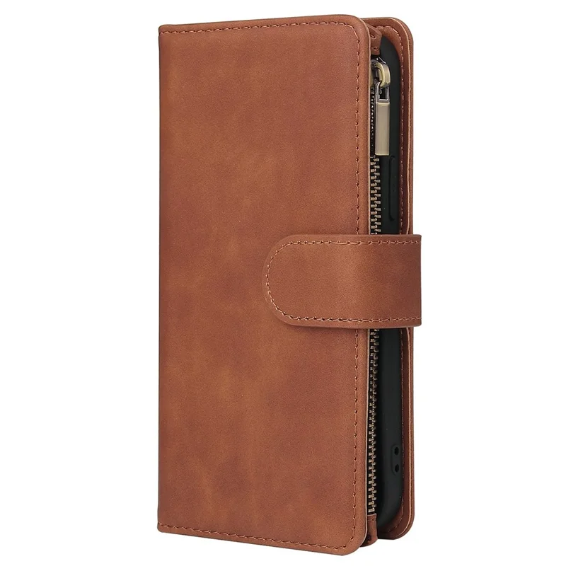 For iPhone 15 Multiple Card Slots Zipper Pocket Phone Wallet Stand Case Folio Flip PU Leather Cover - Brown