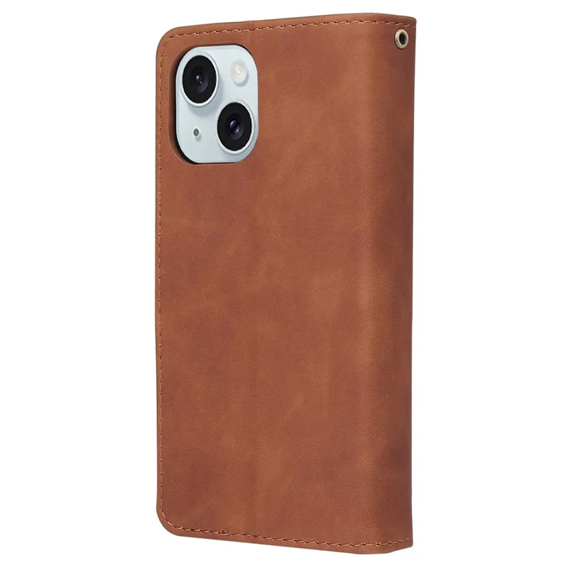 For iPhone 15 Multiple Card Slots Zipper Pocket Phone Wallet Stand Case Folio Flip PU Leather Cover - Brown