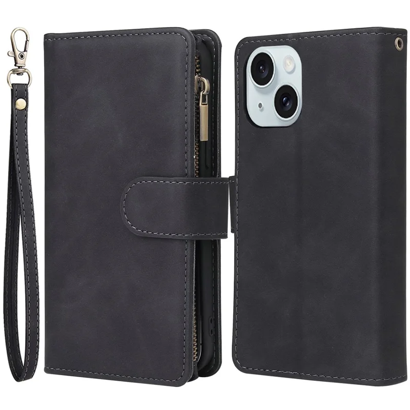 PU-Lederhülle für iPhone 15 Plus, Mehrere Kartenschlitze, Reißverschlusstaschen, Telefon-Geldbörse, Ständer-Falttasche - Schwarz