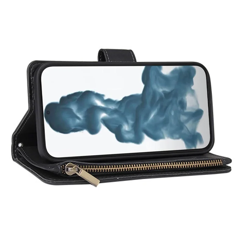 PU-Lederhülle für iPhone 15 Plus, Mehrere Kartenschlitze, Reißverschlusstaschen, Telefon-Geldbörse, Ständer-Falttasche - Schwarz