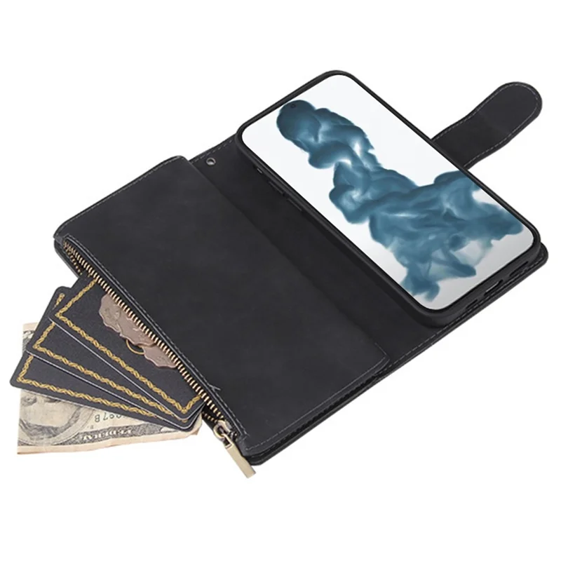 PU-Lederhülle für iPhone 15 Plus, Mehrere Kartenschlitze, Reißverschlusstaschen, Telefon-Geldbörse, Ständer-Falttasche - Schwarz